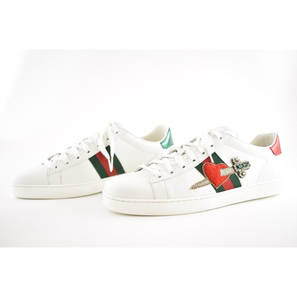 Gucci New Ace White Leather Red Heart Dagger Sword GG Flat Trainer Sneaker 41.5 - Picture 10 of 12